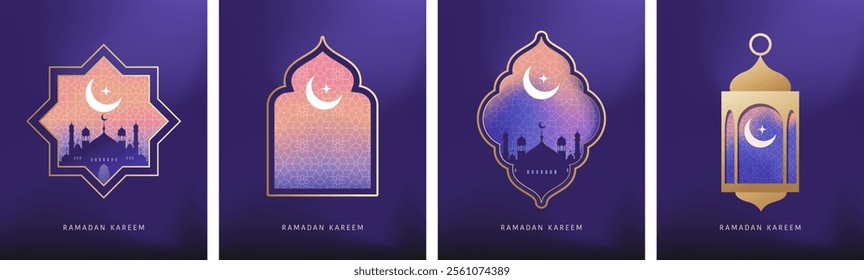 Ramadan Kareem window and lantern backgrounds. Modern Islamic greeting card template and wallpaper design. Poster and social media banner vector illustration