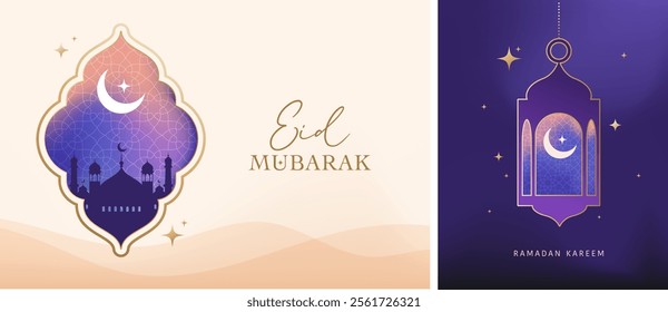 Ramadan Kareem window and lantern backgrounds. Modern Islamic greeting card template and wallpaper design. Poster and social media banner vector illustration