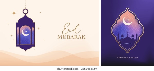 Ramadan Kareem window and lantern backgrounds. Modern Islamic greeting card template and wallpaper design. Poster and social media banner vector illustration