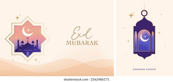Ramadan Kareem window and lantern backgrounds. Modern Islamic greeting card template and wallpaper design. Poster and social media banner vector illustration
