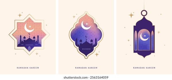 Ramadan Kareem window and lantern backgrounds. Modern Islamic greeting card template and wallpaper design. Poster and social media banner vector illustration