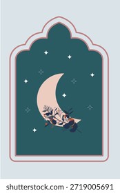 Ramadan Kareem window and lantern backgrounds. Modern Islamic greeting card template and wallpaper design