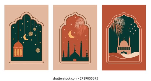 Ramadan Kareem window and lantern backgrounds. Modern Islamic greeting card template and wallpaper design
