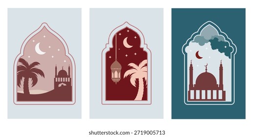 Ramadan Kareem window and lantern backgrounds. Modern Islamic greeting card template and wallpaper design