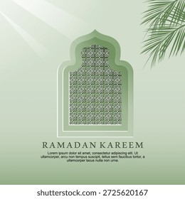 Ramadan Kareem window and lantern backgrounds. Modern Islamic greeting card template and wallpaper design. Poster and media banner vector illustration