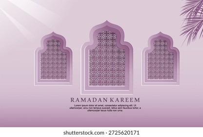 Fondos de ventana y linterna de Ramadán Kareem. Plantilla de tarjeta de felicitación islámica moderna y diseño de Fondo de pantalla. Póster y Ilustración vectorial de Anuncio de medios