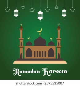 Ramadan Kareem window and lantern vector background. Modern Islamic greeting card template design.