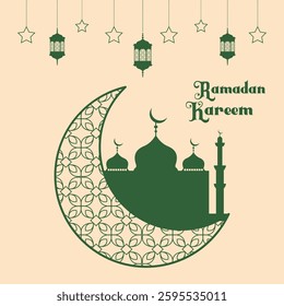 Ramadan Kareem window and lantern vector background. Modern Islamic greeting card template design.
