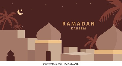Janela Ramadã Kareem e fundos da mesquita. Eid mubarak ou cartões de saudação islâmicos modernos, Poster e modelo de banner de mídia social com efeito de sobreposição de padrão geométrico em cores marrons de aquecimento da moda.