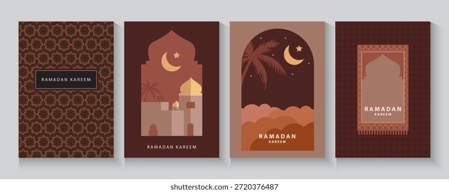 Janela Ramadã Kareem e fundos da mesquita. Eid mubarak ou cartões de saudação islâmicos modernos, Poster e modelo de banner de mídia social com efeito de sobreposição de padrão geométrico em cores marrons de aquecimento da moda.