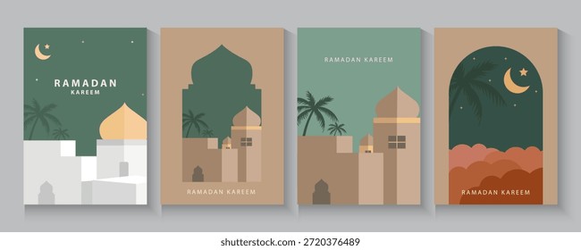 Janela Ramadã Kareem e fundos da mesquita. Eid mubarak ou cartões de saudação islâmicos modernos, Poster e modelo de banner de mídia social com efeito de sobreposição de padrão geométrico em cores marrons de aquecimento da moda.