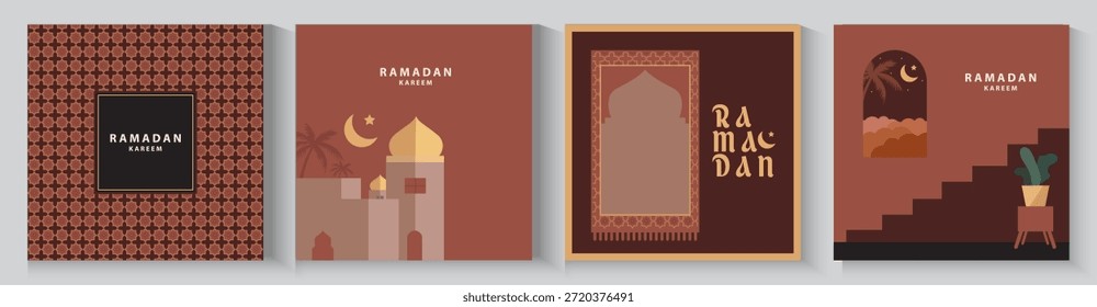 Janela Ramadã Kareem e fundos da mesquita. Eid mubarak ou cartões de saudação islâmicos modernos, Poster e modelo de banner de mídia social com efeito de sobreposição de padrão geométrico em cores marrons de aquecimento da moda.