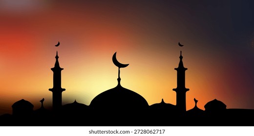 Janela Ramadã Kareem e fundos da mesquita. Eid mubarak ou cartões de saudação islâmicos modernos, Poster e modelo de banner de mídia social com efeito de sobreposição de padrão geométrico em cores marrons de aquecimento da moda.