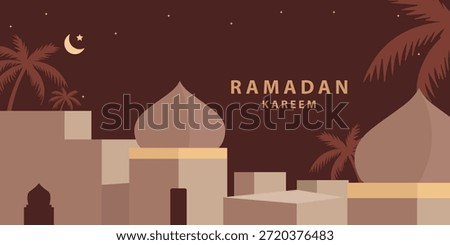 Ramadan Kareem window and mosque backgrounds. Eid mubarak or Modern Islamic greeting cards, Poster and social media banner template with geometric pattern overlay effect in trendy warming brown colors.