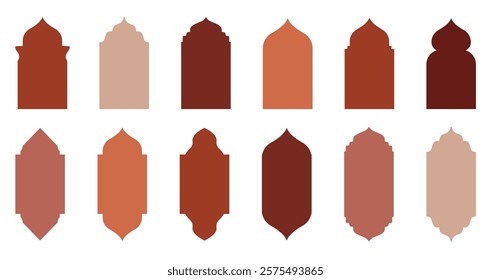 Ramadan kareem windows. Islamic door and window ornament silhouette with arch in Arabic style. Mosque gate frames isolated. Ramadan oriental elements vector set.