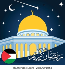 Ramadan Kareem word and Al Aqsa Mosque , Palestine flag, Islamic occasion greeting, Ramadan social media post photo and adv, blue and gold colors, Masjed and crescent moon illustration for ramadan