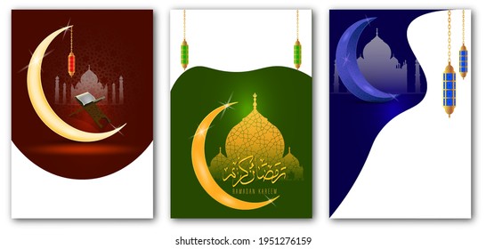 Ramadan Kareem written as a text a festival widely celebrated across world moon with arabesque vector abstract dark blue background