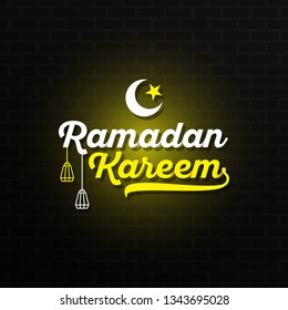 Ramadan Kareem with yellow white lettering and crescent moon star and lantern against dark wall background with a yellow light. Vector illustration