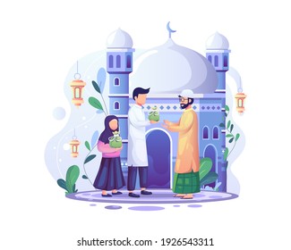 Ramadan Kareem Zakat giving charity, an important Islamic obligation of donation and charity vector illustration