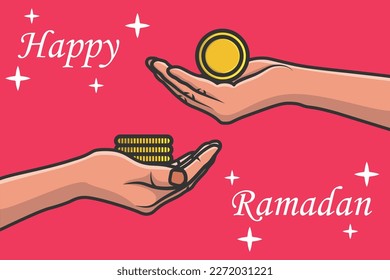 Ramadan Kareem zakat giving charity to poor people vector illustration. Muslim concept for zakat property, income and "fitrah" zakat. Hand giving and accept Zakat illustration.