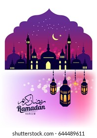 Ramadan Kareem.Beautiful greeting card. Scene with Mosque or Masjid and lantern . flat design elements. vector illustration