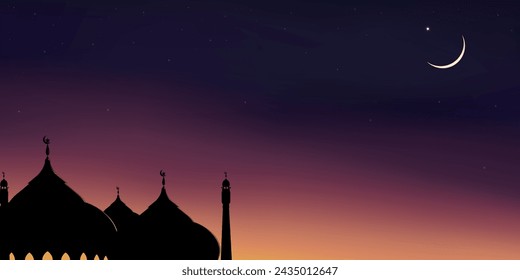 Ramadan Kareem,Eid Mubarak Background,Dome Mosques,Crescent Moon,Star on Night Sky,Vetor symbol islamic religion Banner for Eid al Adha,Eid al fitr,New year Muharram