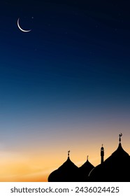 Ramadan Kareem,Eid Mubarak Background,Dome Mosques,Crescent Moon,Star on Night Sky,Vetor symbol islamic religion Banner for Eid al Adha,Eid al fitr,New year Muharram