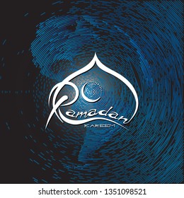Ramadan Kareem.Festive blue background with the silhouette of globe earth and Ramadan Kareem label. Lettering composition of muslim holy month.Concept of celebrating the month of Ramadan on the planet