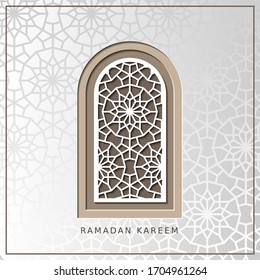 Ramadan kareem,generous Ramadan, card with arabic window. Vector papercut geometric template of card for ramazan greeting.