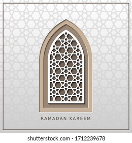 Ramadan kareem,generous Ramadan, card with islamic window. Vector papercut geometric template of card for ramazan greeting.