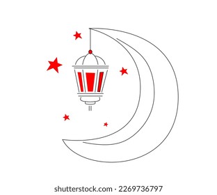 ramadan kareem,hanging lamp lantern moon and stars traditional arabic ramadan kareem line art illustration, for poster, icom, logo, social media, poster