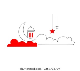 ramadan kareem, lámpara colgante luna de linterna y estrellas árabe tradicional ramadan kareem line ilustración, para afiches, icom, logo, medios sociales, afiche