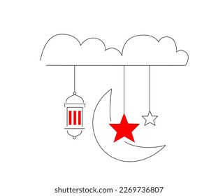 ramadan kareem,hanging lamp lantern moon and stars traditional arabic ramadan kareem line art illustration, for poster, icom, logo, social media, poster