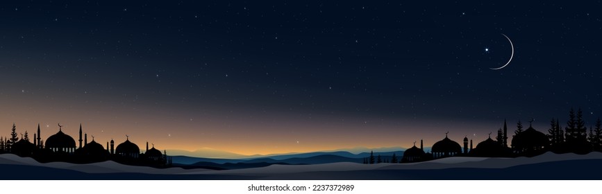 Ramadan Kareem, Islamische Karte mit den Moscheen der Silhouette Dome, Crescent Mond auf orangefarbenem Himmelshintergrund, Vetor Ramadhan Night mit Dämmerdusk-Himmel für islamische Religion, Eid al Adha, Eid Mubarak, Eid al fitre