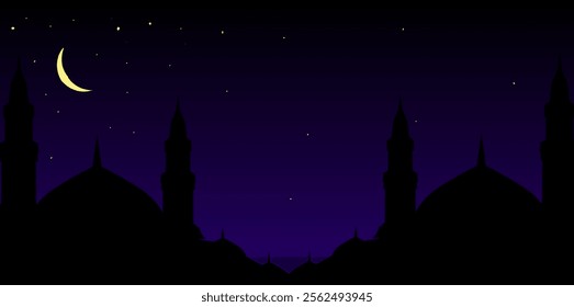 Ramadan Kareem,Islamic card with Silhouette Dome Mosques,Crescent moon on Orange sky background,Vetor Ramadhan Night with twilight dusk sky for Islamic religion,Eid al Adha,Eid Mubarak,Eid al fitr