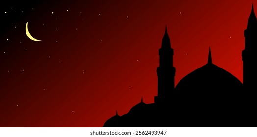 Ramadan Kareem,Islamic card with Silhouette Dome Mosques,Crescent moon on Orange sky background,Vetor Ramadhan Night with twilight dusk sky for Islamic religion,Eid al Adha,Eid Mubarak,Eid al fitr