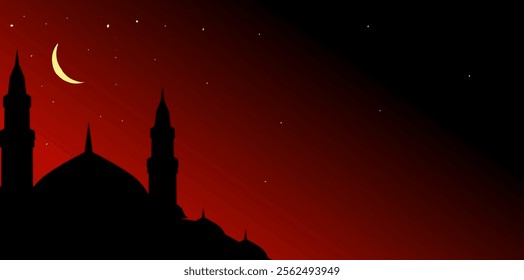 Ramadan Kareem,Islamic card with Silhouette Dome Mosques,Crescent moon on Orange sky background,Vetor Ramadhan Night with twilight dusk sky for Islamic religion,Eid al Adha,Eid Mubarak,Eid al fitr