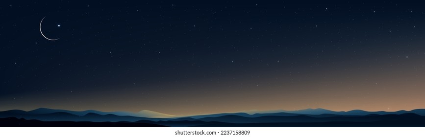 Ramadan Kareem,Islamic greeting card design background with Crescent Moon on blue sky,Vetor Ramadhan Night with twilight dusk sky for Islamic religion,Eid al Adha,Eid Mubarak,Eid al fitr,Eid el kabir