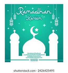 Ramadan Kareem, Ramadan Mubarak, Poster Vektor-Illustration einer weißen Moschee auf einem grünen Hintergrund, mit Textraum für Ihren Slogan oder Schlagzeile. 
