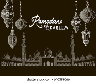 Ramadan Kareem.Silhouette of a mosque and Arab lanterns"Abu Dhabi Mosque"