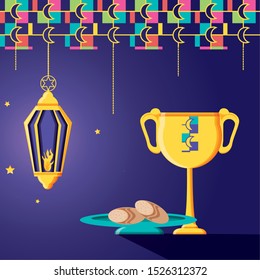 ramadan kareen celebration card with lamp hanging vector illustration design