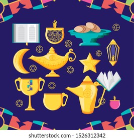 ramadan kareen celebration card with set icons vector illustration design