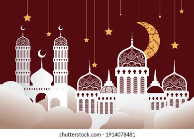ramadan kareen celebration mosques with golden stars and moon hanging vector illustration design