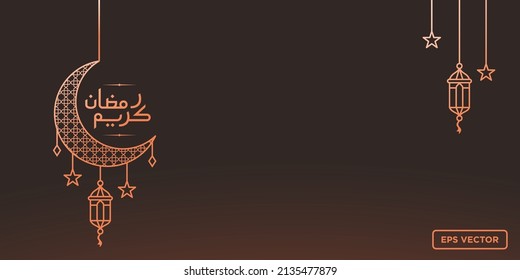 Ramadan kareen lantern background vector simple ramadan Kareem arabic caligraphy vector , Eid Mubarak Greeting Line icon minimal vector design with mosque Glowing Lantern and hanging crescent moon