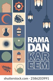 Ramadan Kareen poster design with lantern as symbol or icon that identical with this holy month