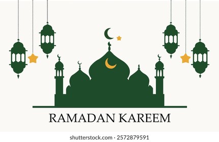 Ramadan Kareen Vector flat art with mosque doom and hanging lantern in background Crescent moon and starry sky night Design isolated free editable for content material asset banner