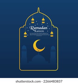Ramadan Kareen Vector poster flat art with mosque doom and hanging lantern in background Crescent moon and starry sky night Design isolated free editable for content material asset