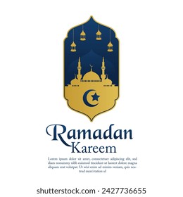 Ramadan Kareen Vector poster flat art with mosque doom and hanging lantern in background Crescent moon and starry sky night Design isolated free editable for content material asset