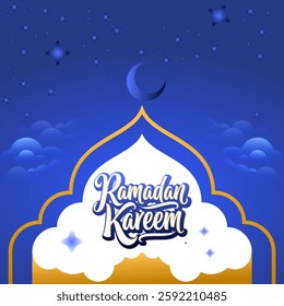 Ramadan Karem with Beautiful mosque, Crescent, star, cloud and Illustration Design Template