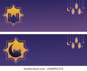 Ramadan karem decoration with crescent moon, lanterns and mosque